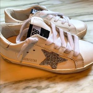 Kids Golden Goose Superstars, White Silver Glitter Star, size 27 (10t)